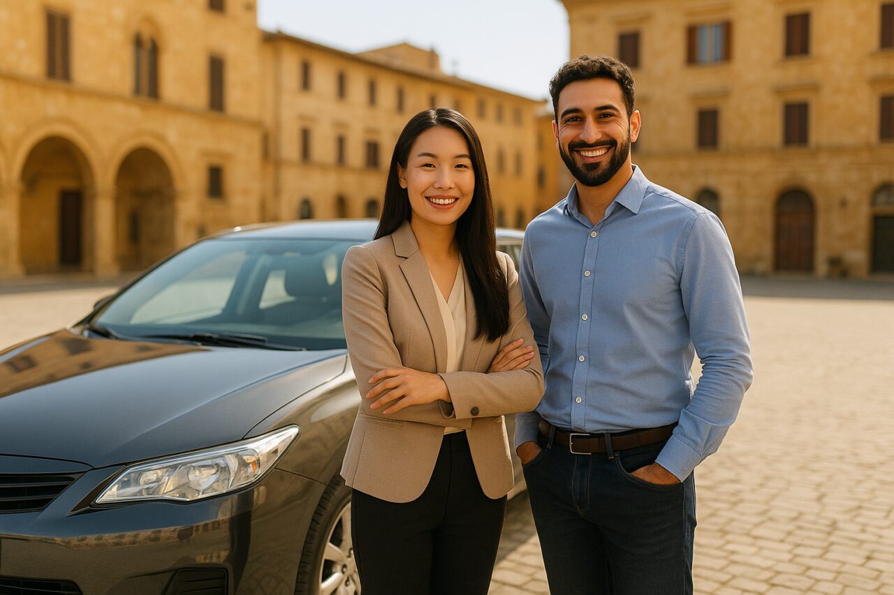 Coppia straniera in Italia con auto a noleggio lungo termine su strada italiana