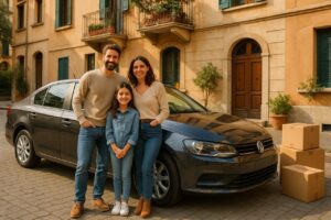 Famiglia italiana con auto a noleggio lungo termine durante trasloco in città, noleggio auto usata km0