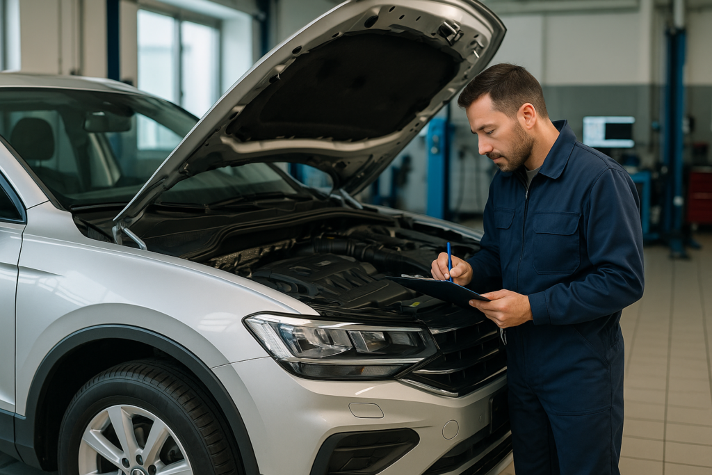 Meccanico autorizzato ispeziona auto usata km0 in officina convenzionata per noleggio a lungo termine