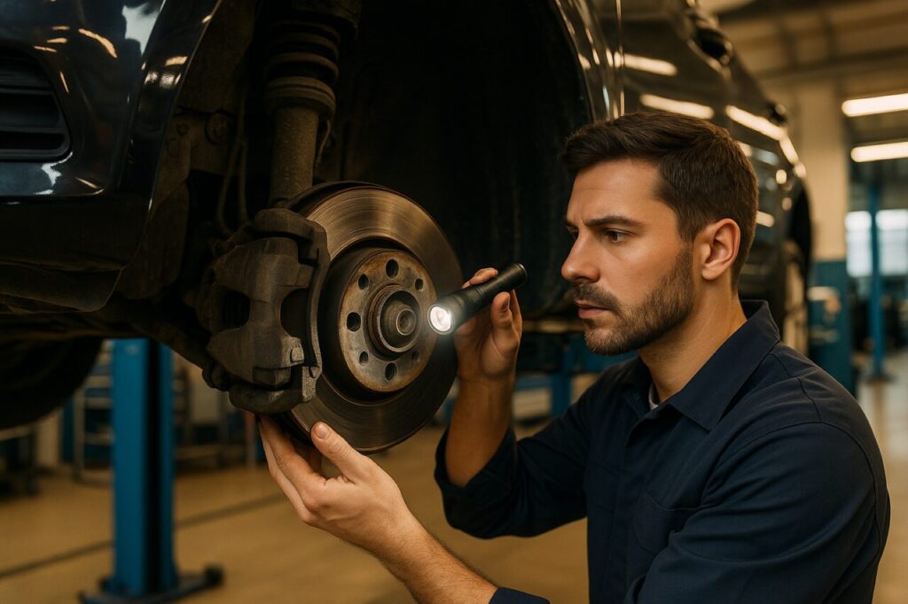 Meccanico in officina autorizzata controlla freni di auto usata in noleggio a lungo termine