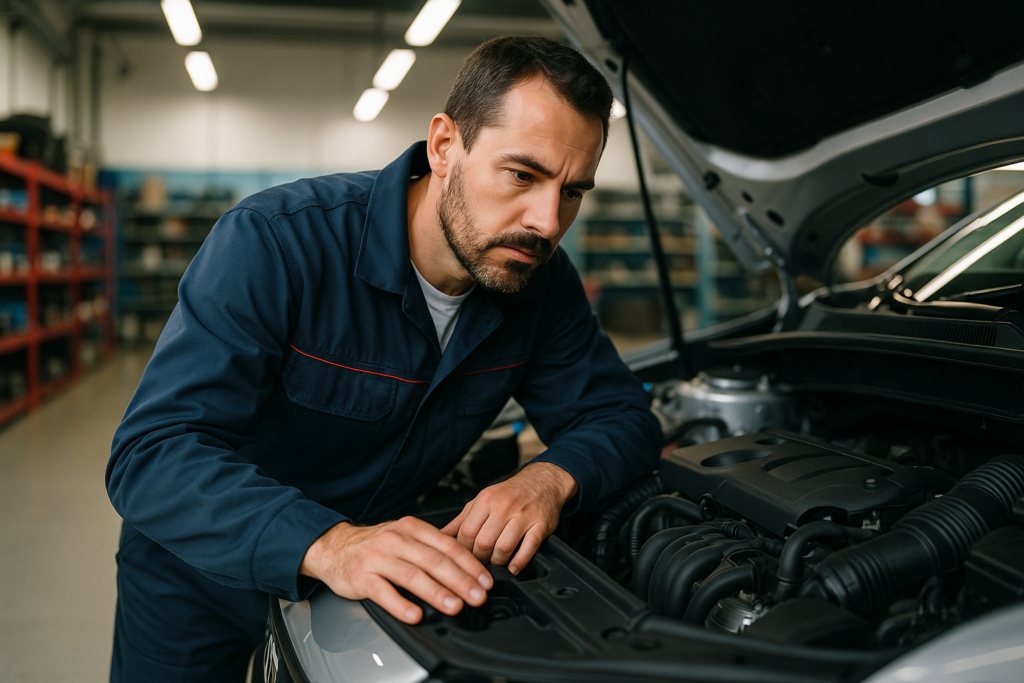 Meccanico autorizzato controlla ricambi auto usata in officina italiana per noleggio lungo termine