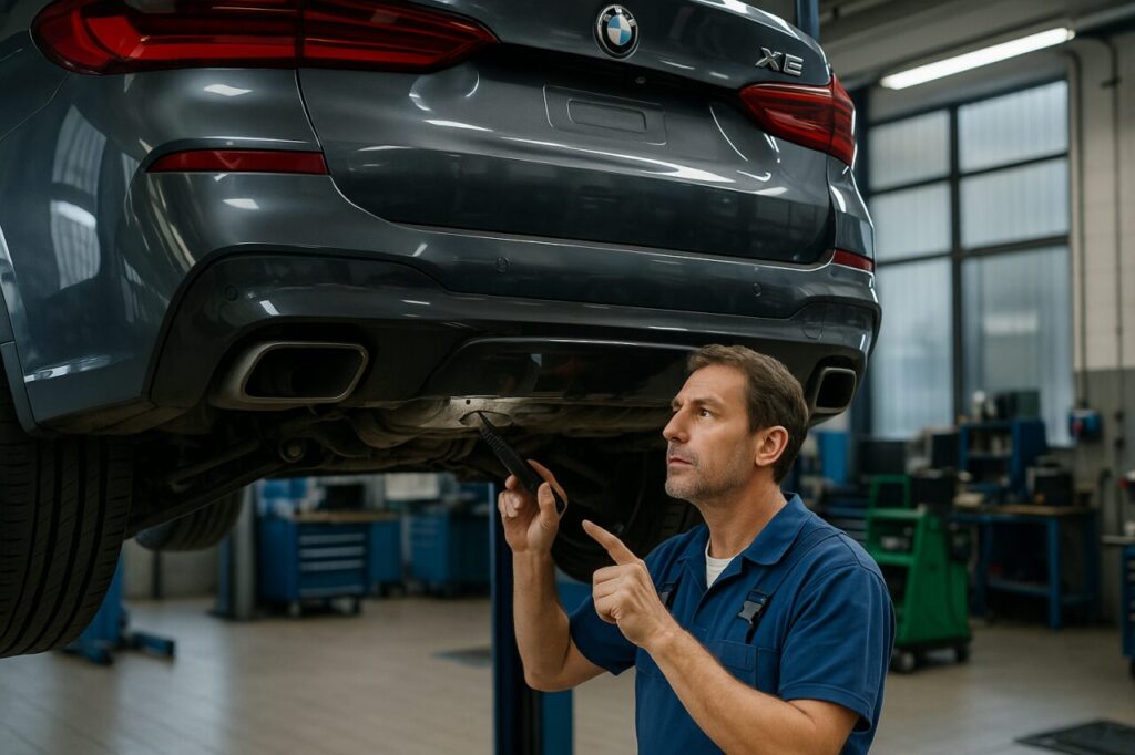Meccanico specializzato BMW ispeziona le sospensioni di una X6 usata in officina italiana