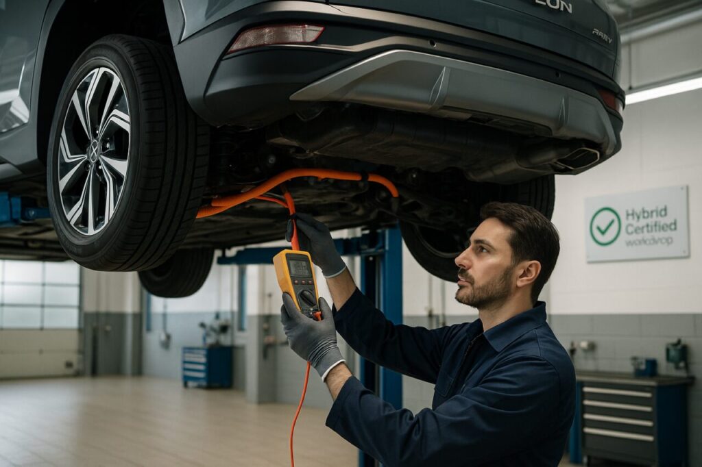 Tecnico certificato alta tensione controlla batteria Hyundai Tucson PHEV in officina autorizzata Milano, manutenzione ibrido plug-in