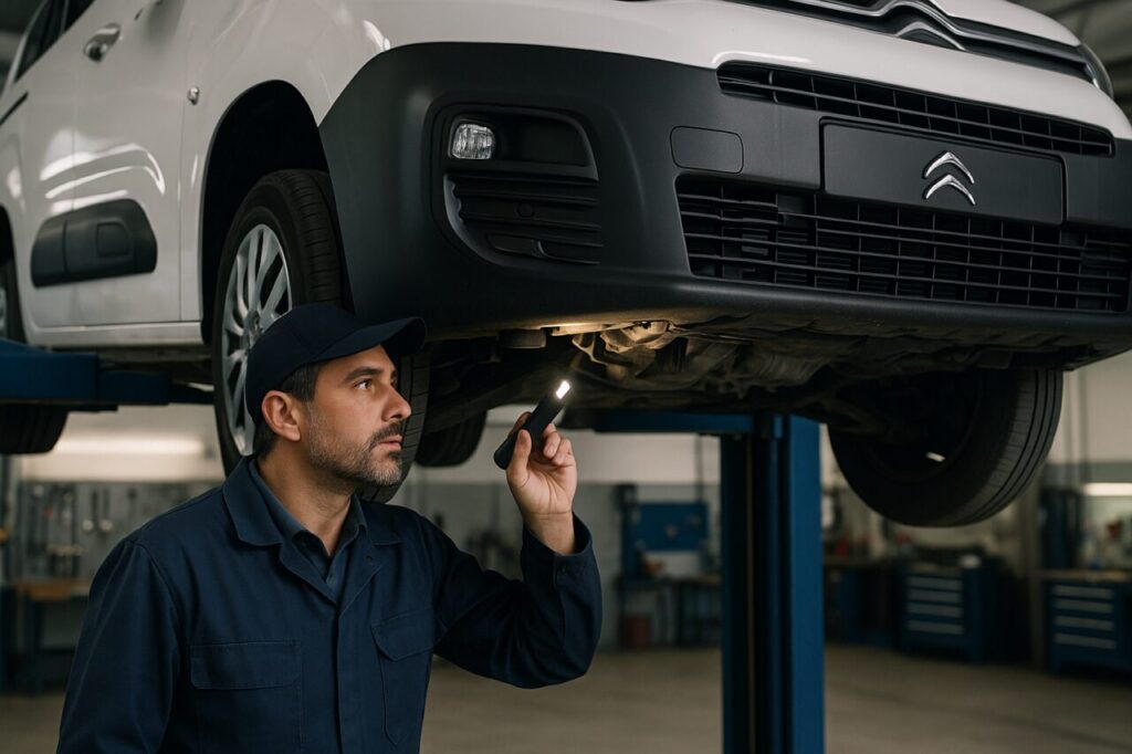 Meccanico italiano controlla le sospensioni e il sottoscocca di un Citroën Berlingo in officina