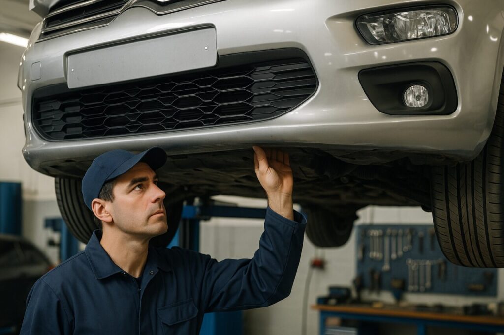 Meccanico italiano controlla le sospensioni anteriori e i silent block di un Citroën C4 Picasso in officina
