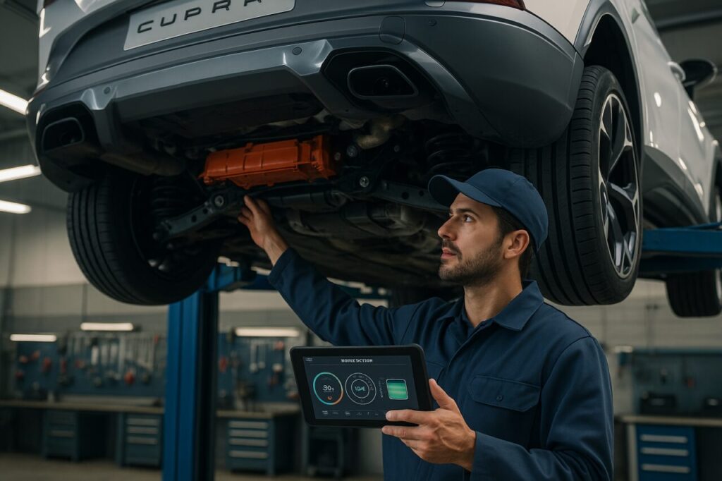 Meccanico specializzato controlla il cambio DSG e il pacco batteria di un Cupra Formentor PHEV usato in officina italiana
