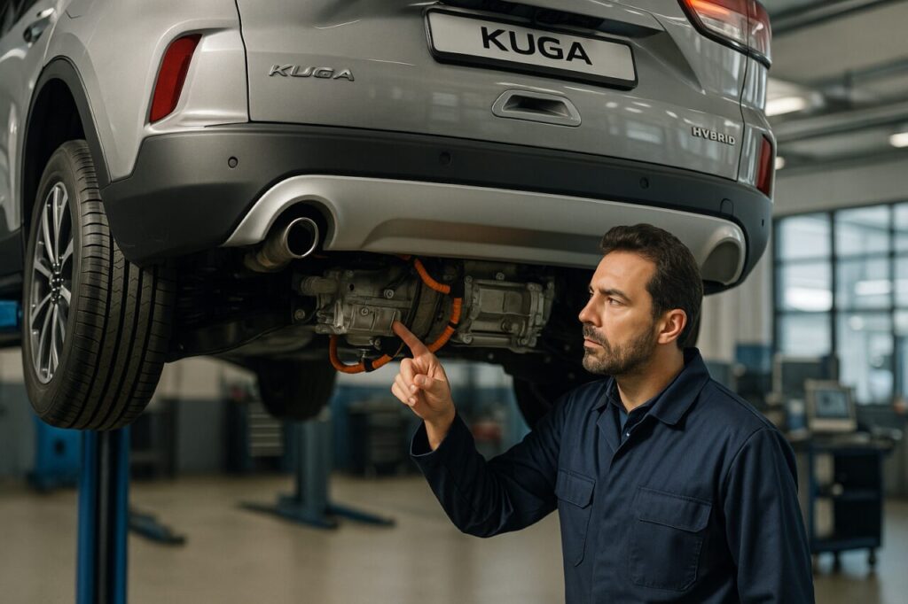 Meccanico specializzato controlla il motore elettrico posteriore di un Ford Kuga Ibrido in officina