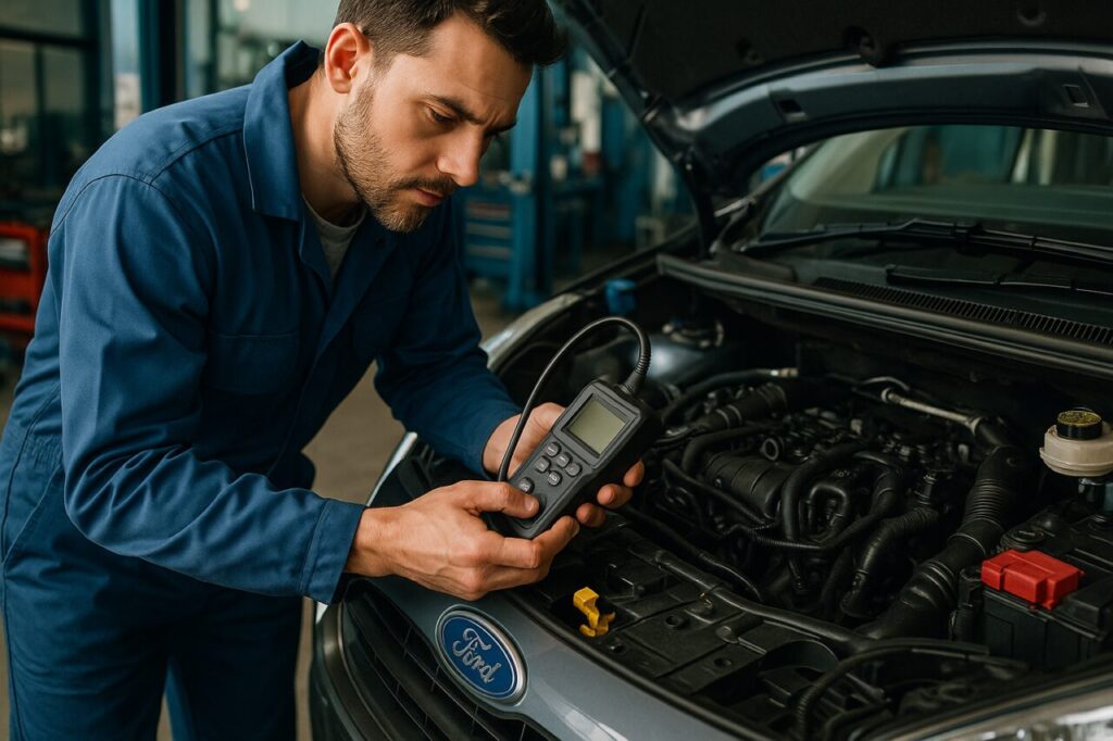 Meccanico controlla motore 1.5 TDCi EcoBlue Ford Tourneo Connect in officina italiana