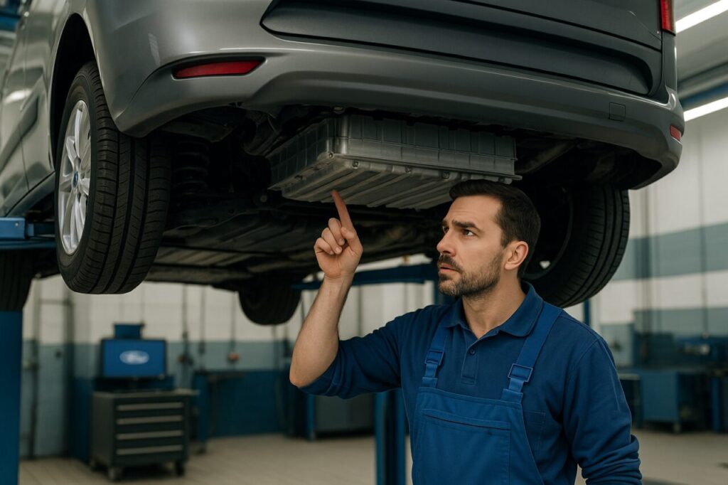Meccanico specializzato ispeziona il pacco batterie di un Ford Tourneo Custom PHEV su ponte sollevatore in officina italiana