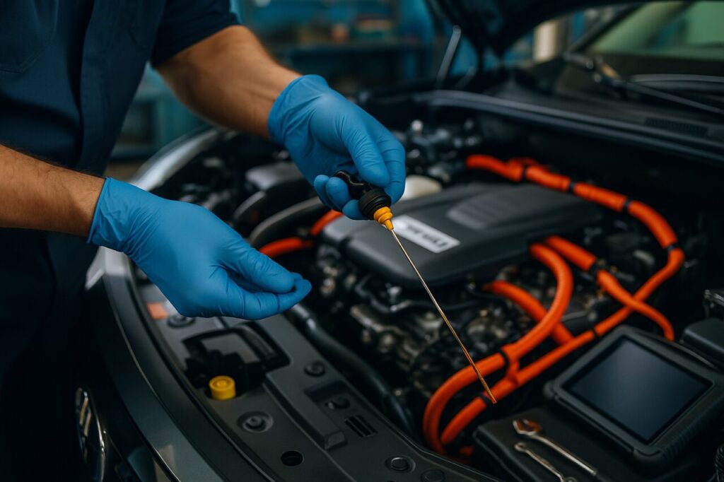 Meccanico specializzato controlla l'olio motore di un SUV ibrido Honda ZR-V in officina autorizzata