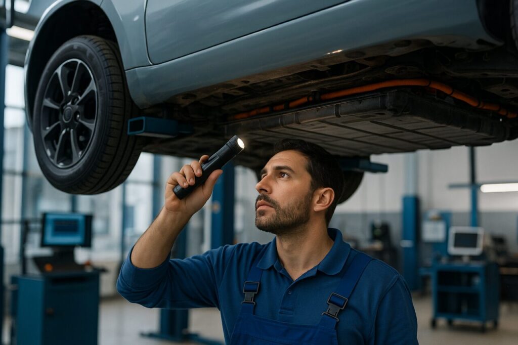Meccanico ispeziona il sottoscocca e il pacco batteria di una Dacia Spring in officina