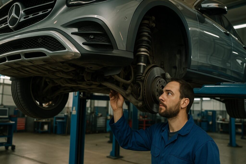 Meccanico italiano controlla sospensioni AIRMATIC Mercedes Classe E All-Terrain in officina