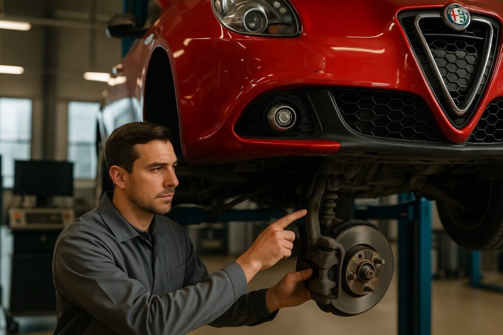 Meccanico controlla sospensioni anteriori Alfa Romeo Giulietta su elevatore in officina italiana