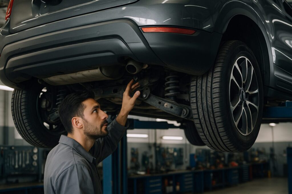 Meccanico italiano controlla le sospensioni di un KIA Stonic usato in officina