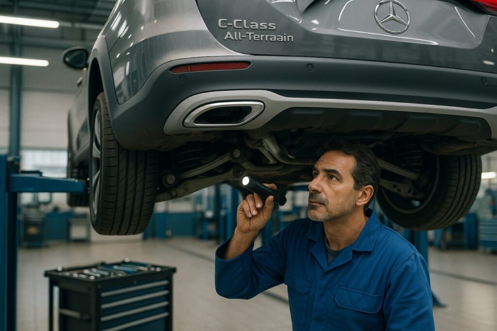 Meccanico italiano controlla le boccole del multilink posteriore di una Mercedes Classe C All-Terrain in officina