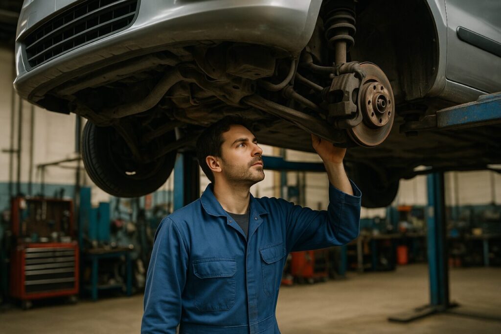 Meccanico in officina italiana controlla le sospensioni di un monovolume su elevatore