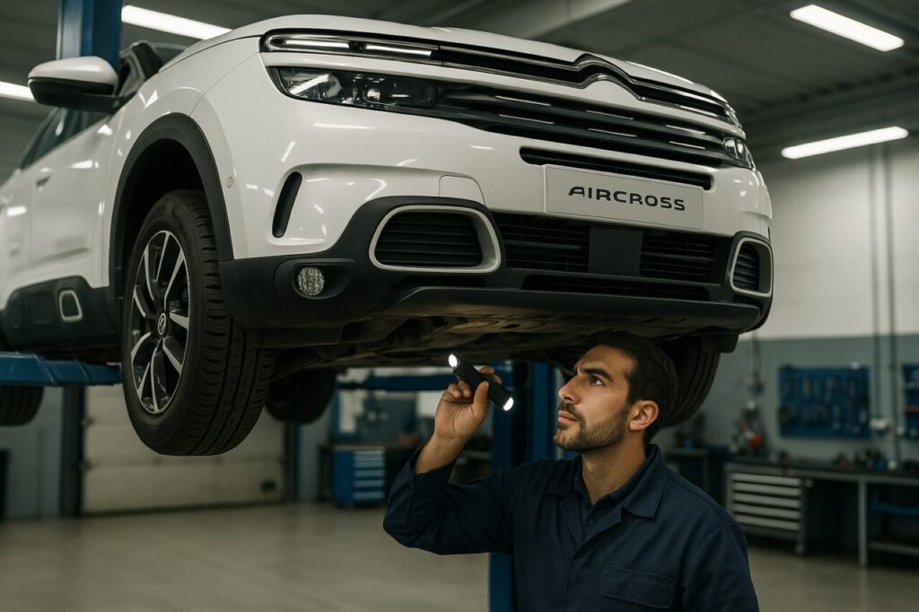 Meccanico italiano controlla le sospensioni PHC di una Citroën C5 Aircross in officina