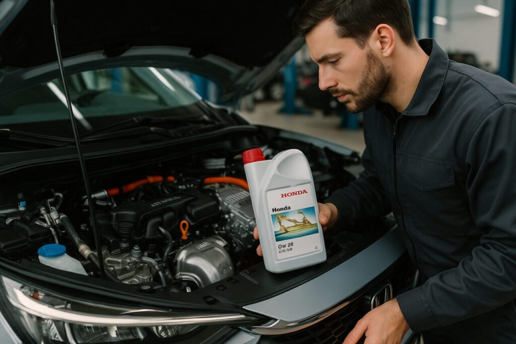 Meccanico specializzato in ibridi controlla i fluidi del motore Honda HR-V Crosstar e-HEV in officina italiana