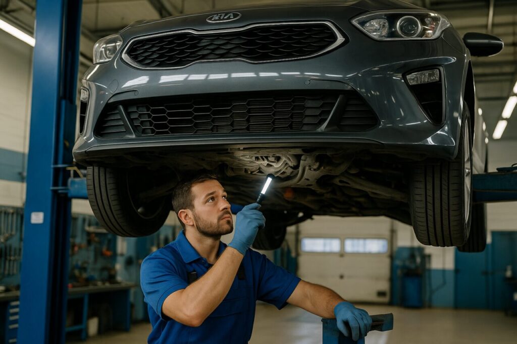 Meccanico in officina italiana controlla sospensioni anteriori di una KIA Ceed usata