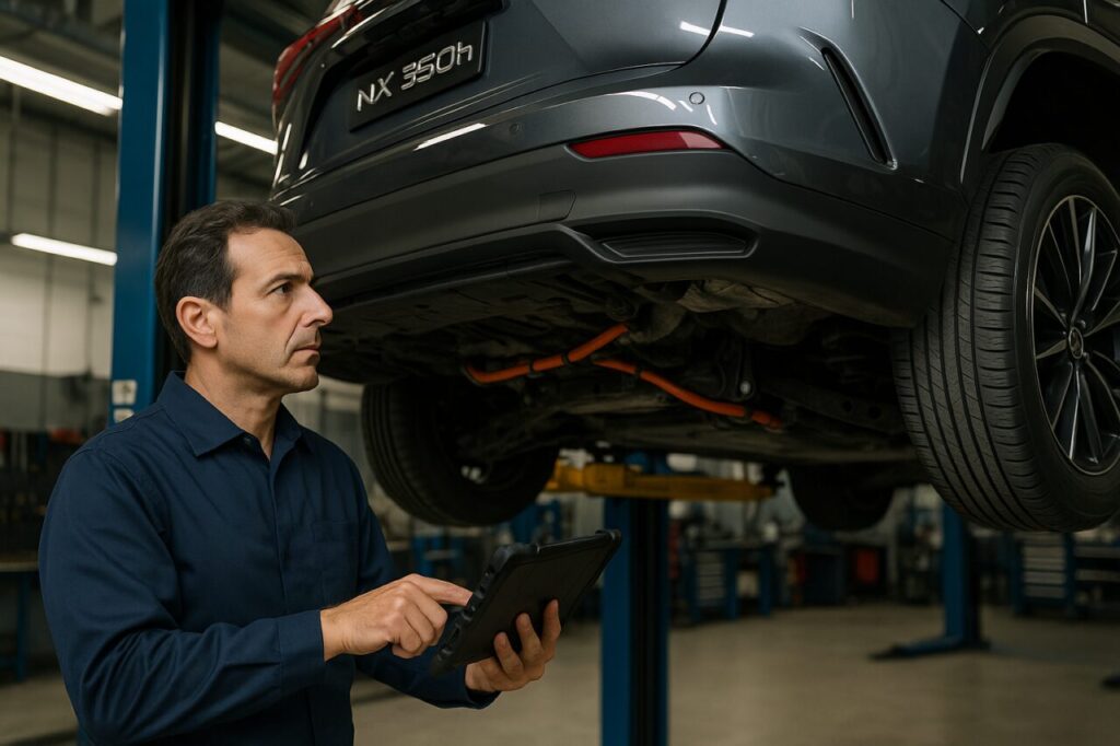 Meccanico specializzato esegue diagnosi batteria ibrida Lexus NX in officina italiana
