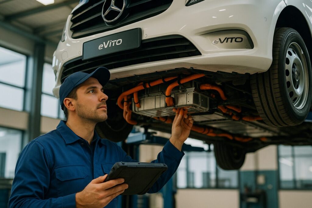 Meccanico controlla il pacco batterie ad alta tensione di un Mercedes e-Vito usato in officina