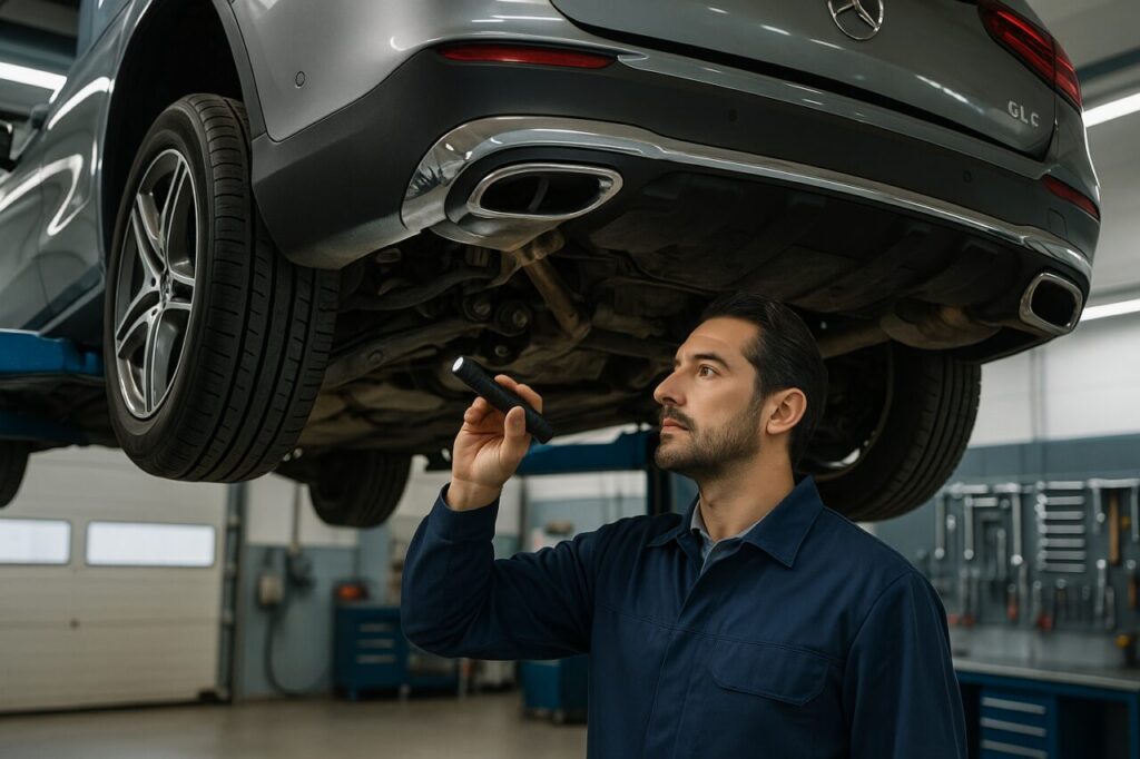 Meccanico italiano controlla le sospensioni e la manutenzione di un Mercedes GLC in officina