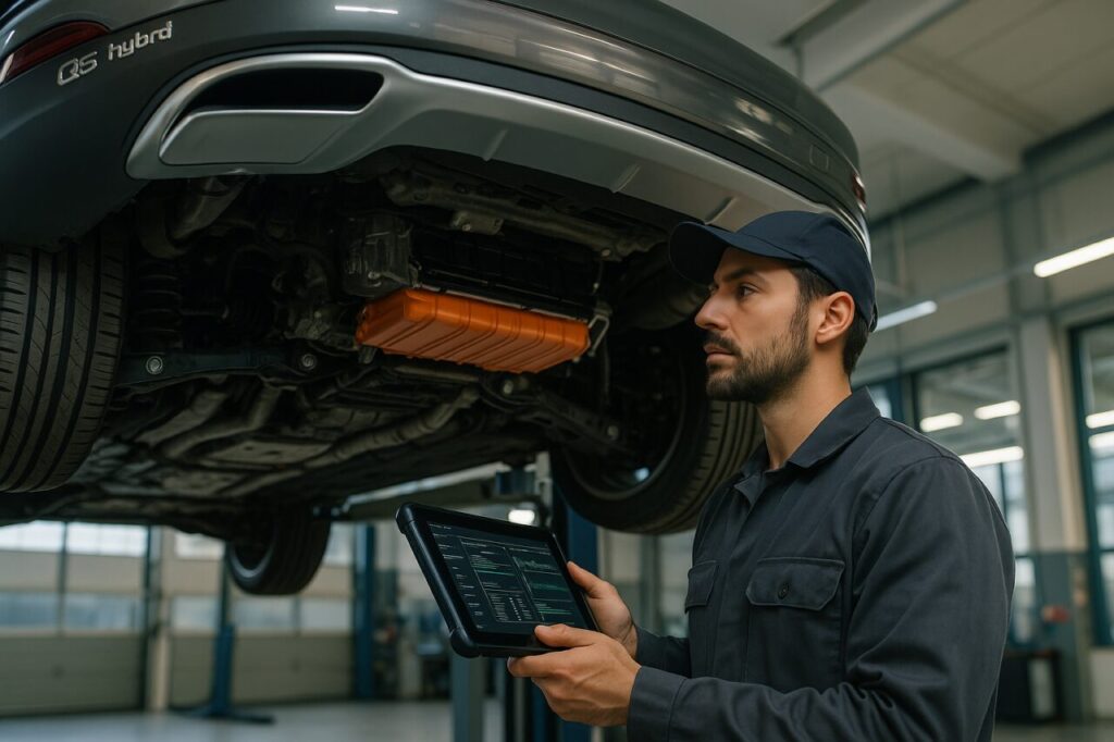 Meccanico specializzato ispeziona il pacco batteria e il cambio S tronic di un Audi Q5 ibrido plug-in in officina VAG certificata