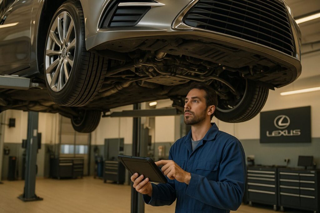 Meccanico specializzato ispeziona le sospensioni idrauliche di una Lexus LS in officina autorizzata