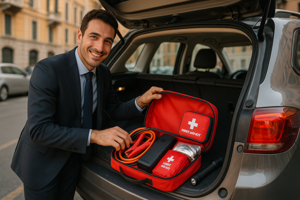 Automobilista organizza kit di emergenza nel bagagliaio di un SUV usato km0 in noleggio lungo termine