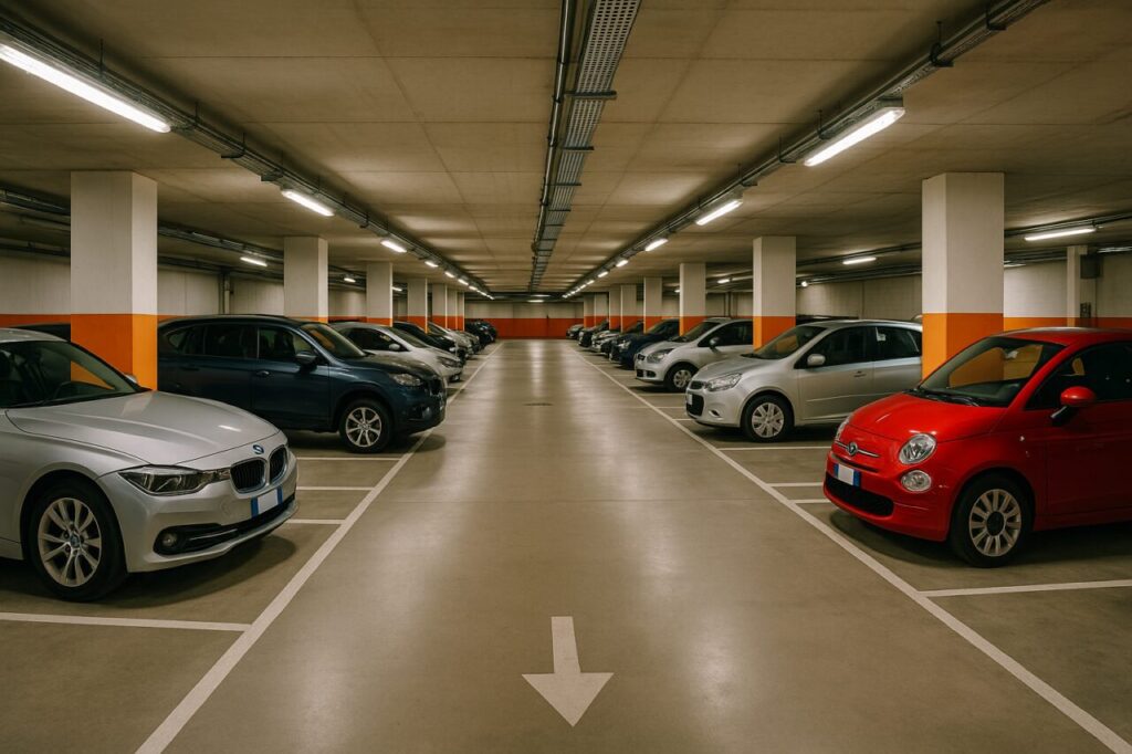 Parcheggio sotterraneo sicuro illuminato, protezione furto auto noleggio a lungo termine