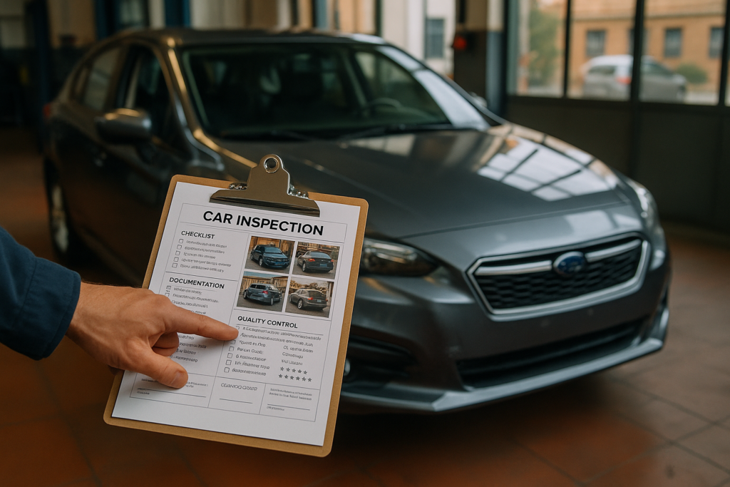 Documentación de perizia y checklist de inspección de auto usado, control de calidad en noleggio lungo termine Italia