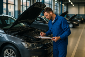 Mecánico profesional realizando perizia de inspección en auto usado en taller italiano, control de calidad noleggio a lungo termine