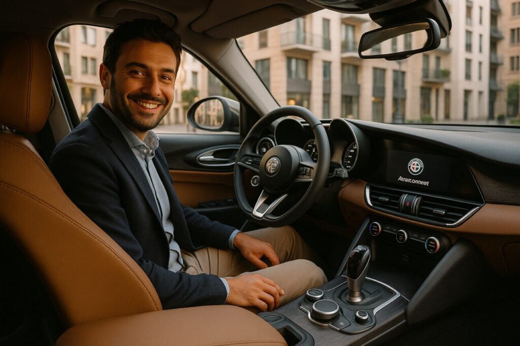 Professionista italiano al volante di una Alfa Romeo Giulia km0 in noleggio a lungo termine