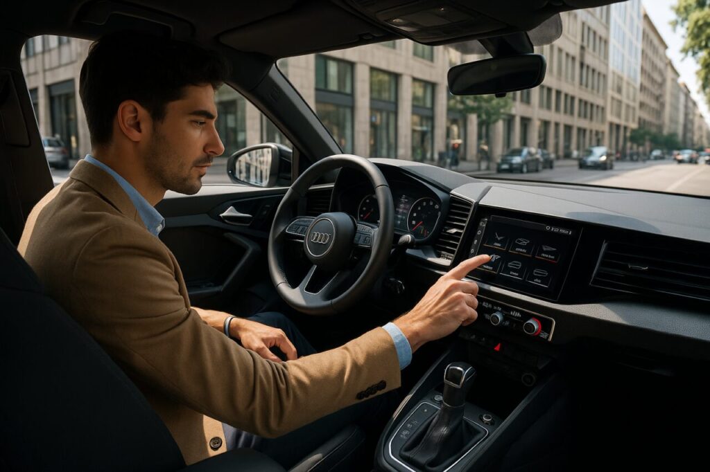 Professionista italiano usa il sistema infotainment MIB3 di un'Audi A1 seconda serie in noleggio a lungo termine a Milano