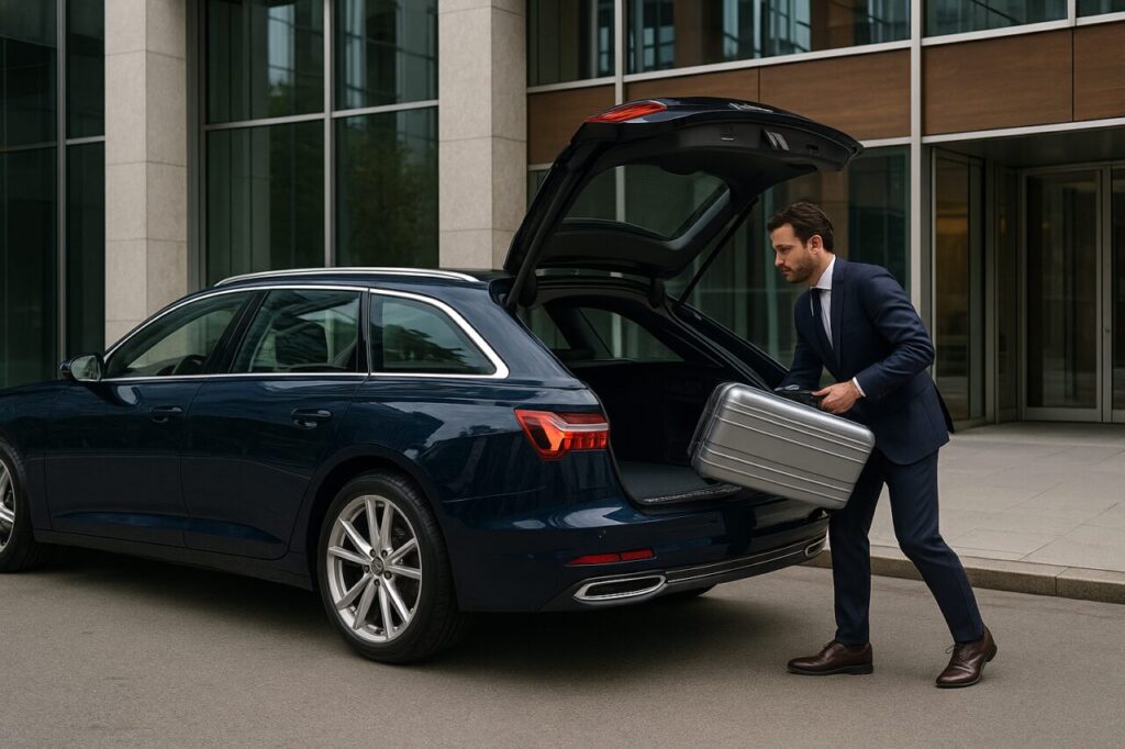 Professionista italiano carica il bagagliaio di un'Audi A6 Avant usata in noleggio a lungo termine a Milano