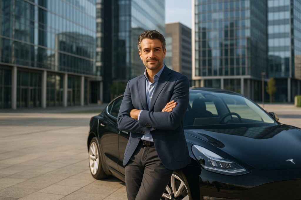 Professionista italiano con auto elettrica premium usata in NLT per uso aziendale