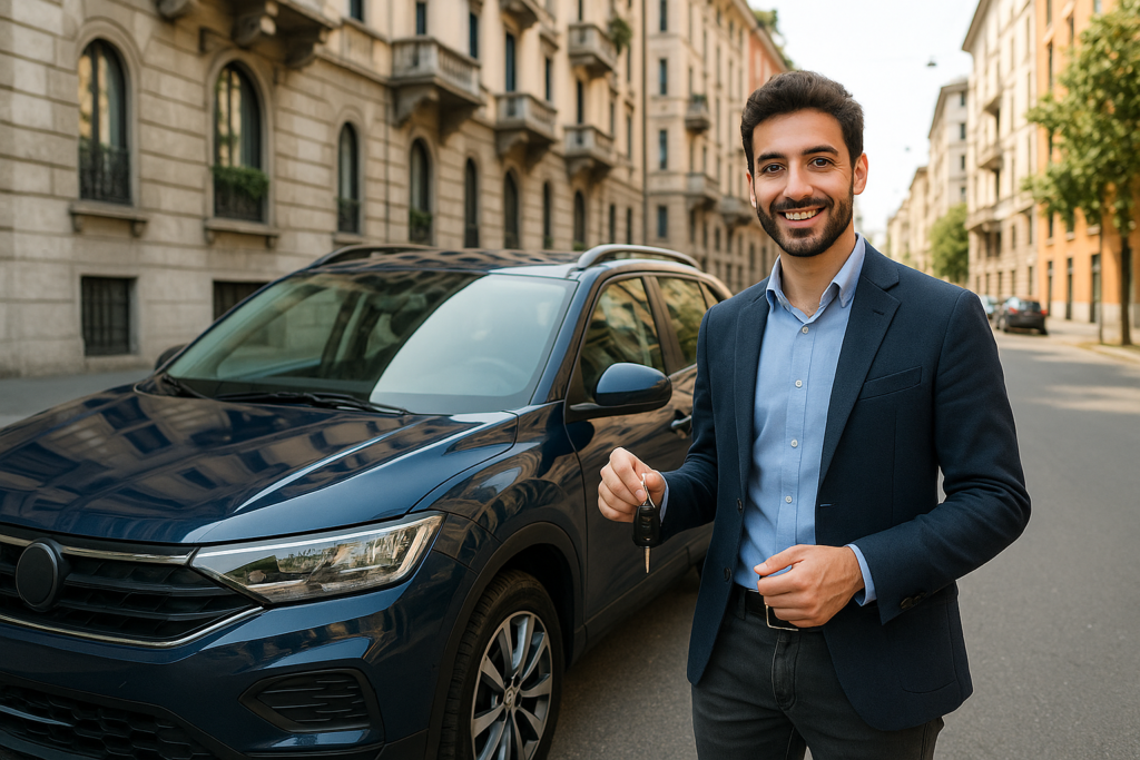 Professionista italiano con auto usata km0 in noleggio a lungo termine a Milano senza pensieri di manutenzione