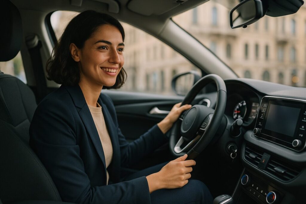 Professionista italiano al volante di auto usata km0 con noleggio lungo termine tutto incluso