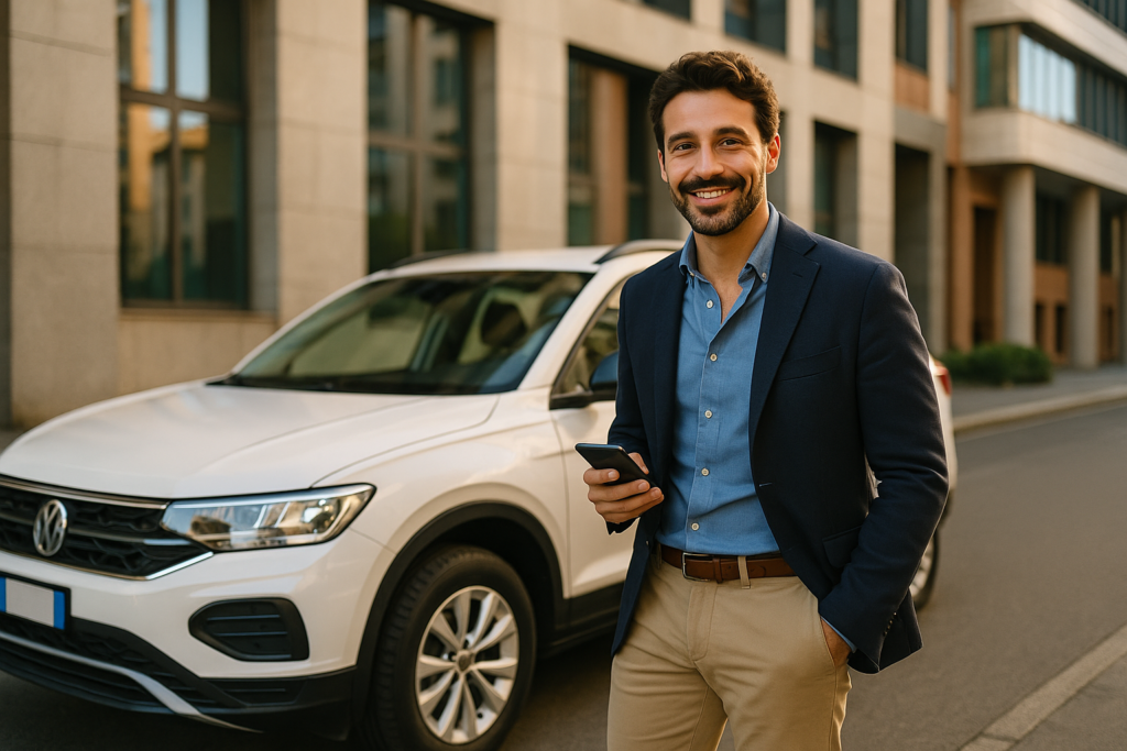 Professionista italiano soddisfatto con auto usata in noleggio a lungo termine tutto incluso