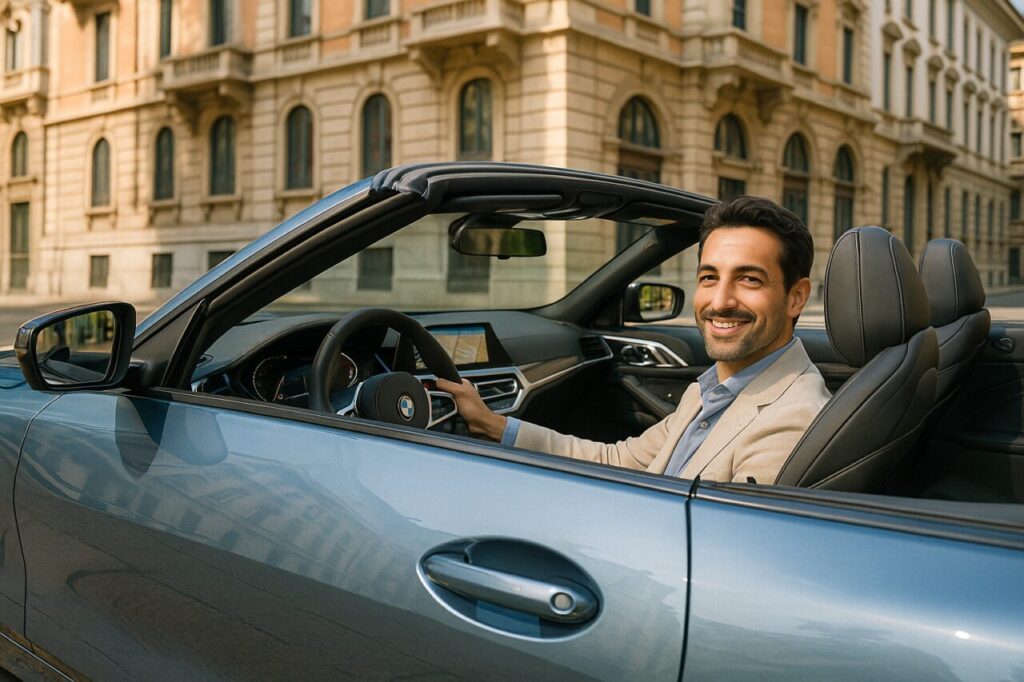 Professionista italiano a bordo di una BMW Serie 4 Cabrio km0 in noleggio a lungo termine a Milano