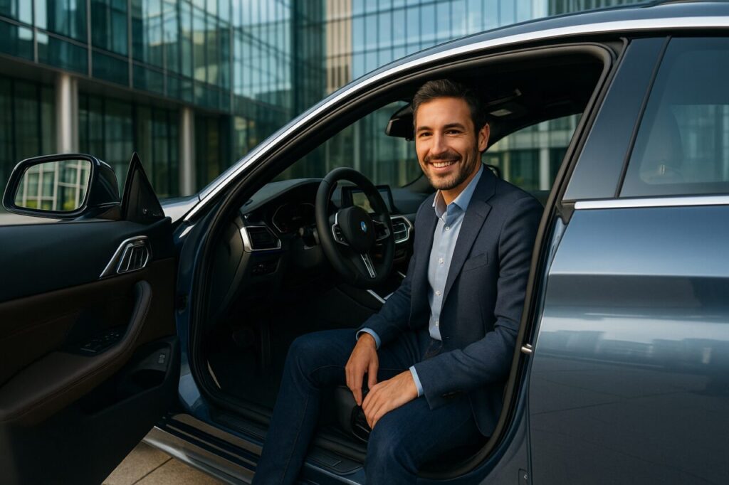 Professionista italiano soddisfatto al volante di una BMW Serie 4 Gran Coupé in noleggio a lungo termine a Milano
