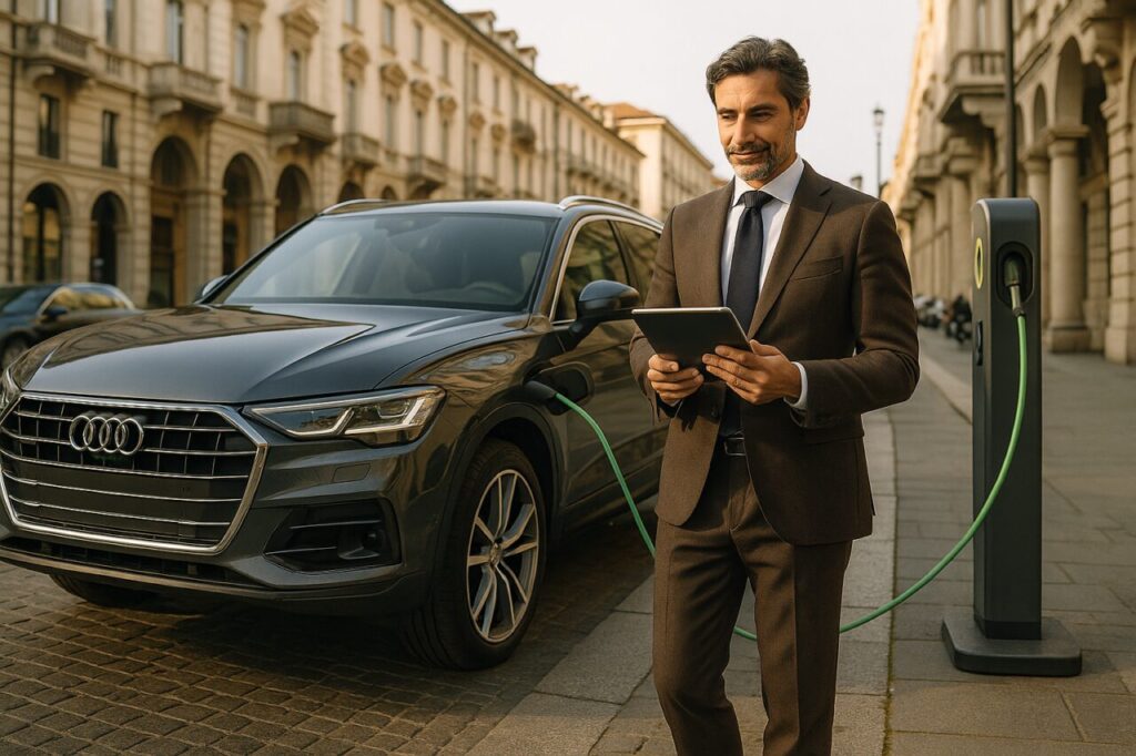 Professionista italiano ricarica il suo BMW XM ibrido plug-in in noleggio a lungo termine in una città italiana