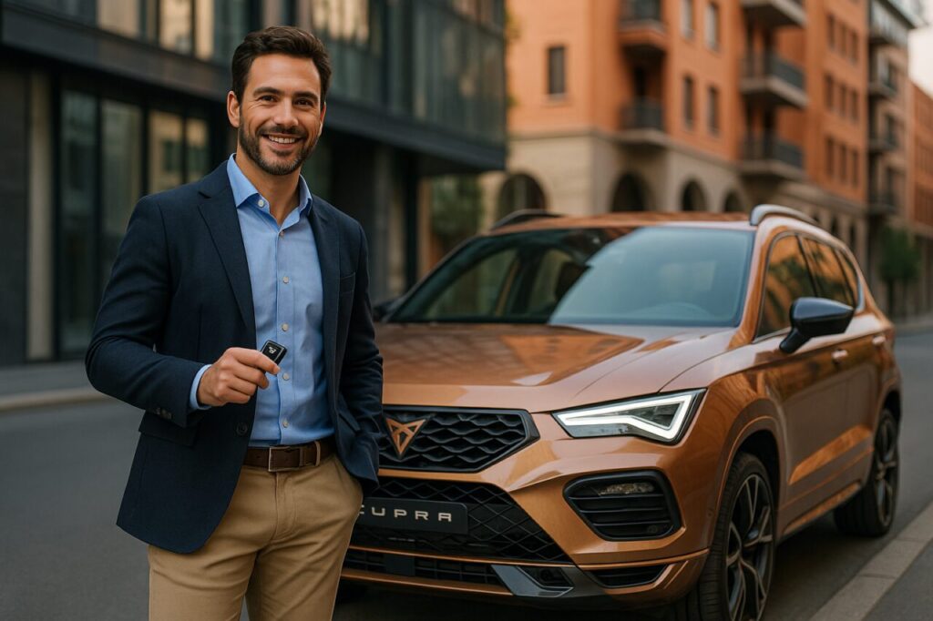 Professionista italiano con Cupra Ateca km0 in noleggio a lungo termine in città
