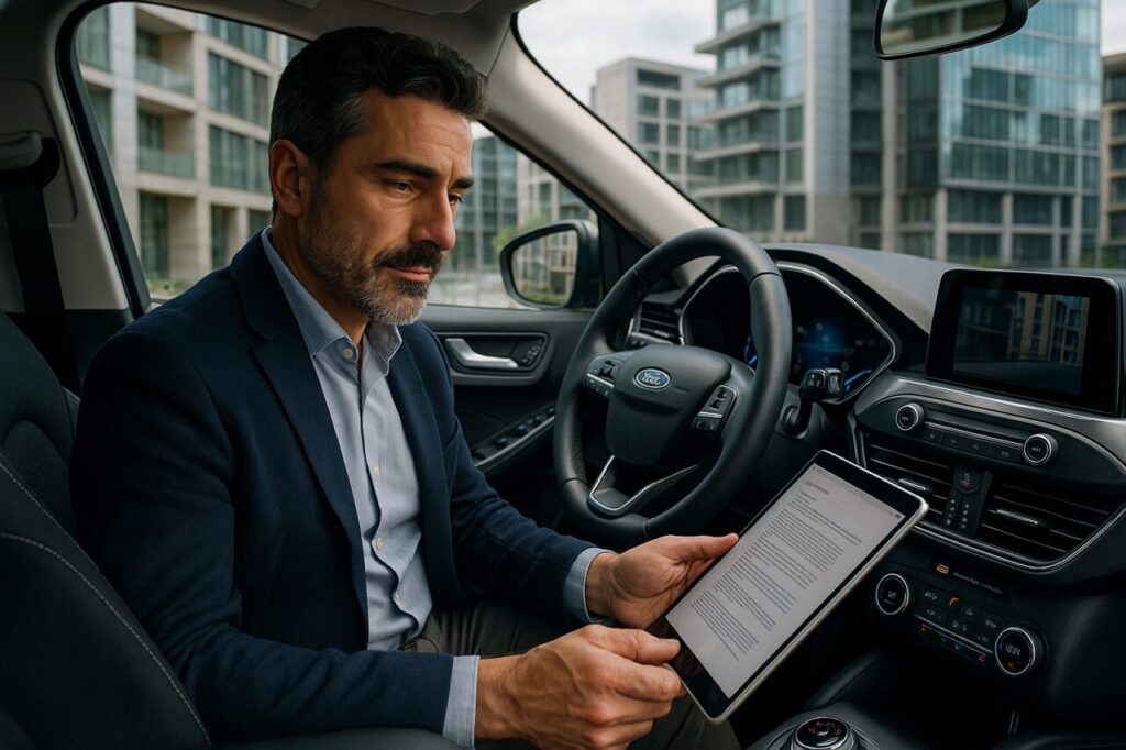 Professionista italiano a bordo di un Ford Kuga PHEV in noleggio a lungo termine senza anticipo