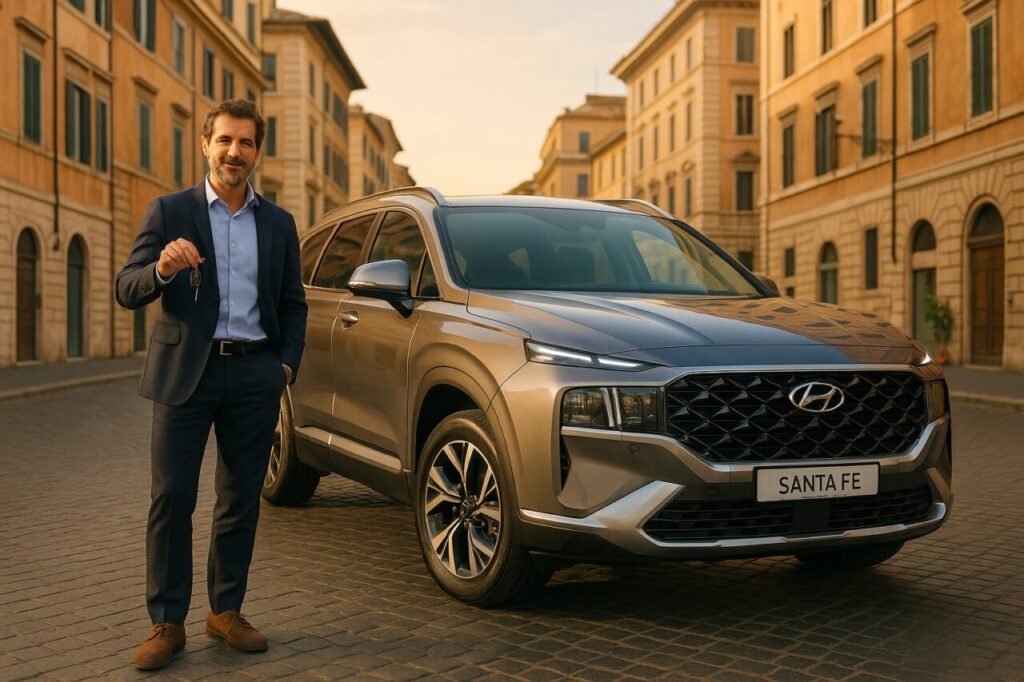 Professionista italiano con Hyundai Santa Fe usato in noleggio a lungo termine a Roma