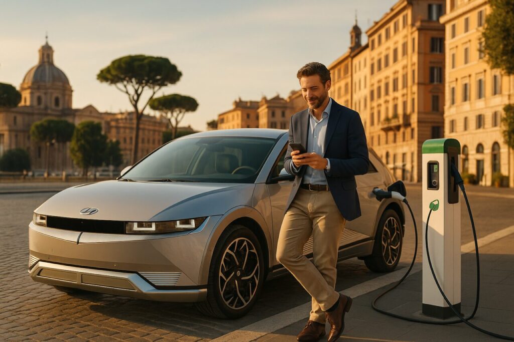 Professionista italiano ricarica la sua Hyundai Ioniq 5 km0 in noleggio a lungo termine a Roma