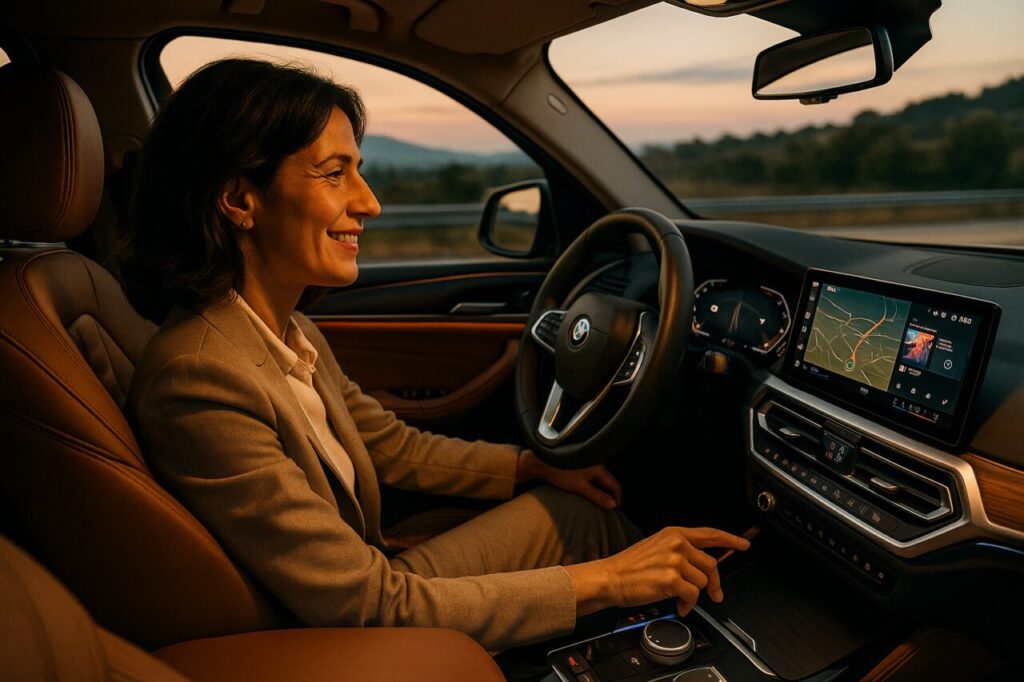 Professionista italiana aggiorna il software del BMW iX3 tramite il sistema iDrive durante il noleggio a lungo termine
