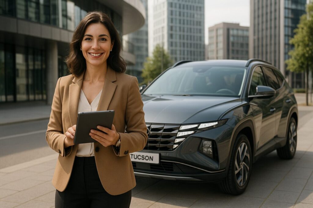 Professionista italiana con partita IVA accanto a Hyundai Tucson km0 in noleggio a lungo termine senza anticipo