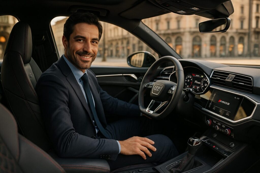 Professionista italiano soddisfatto al volante di un Audi RS Q3 Sportback in noleggio a lungo termine