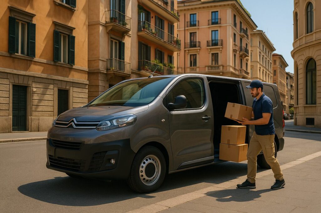 Professionista italiano carica pacchi su Citroën Dispatch grigio in città, furgone in noleggio lungo termine usato